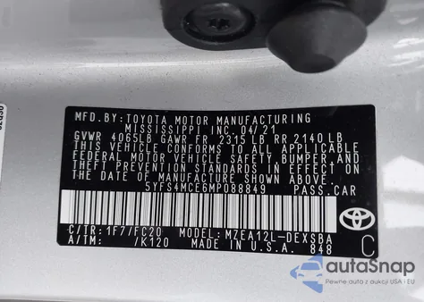 2021 Toyota Corolla Se z USA, uszkodzony, nr VIN 5YFS4MCE6MP088849